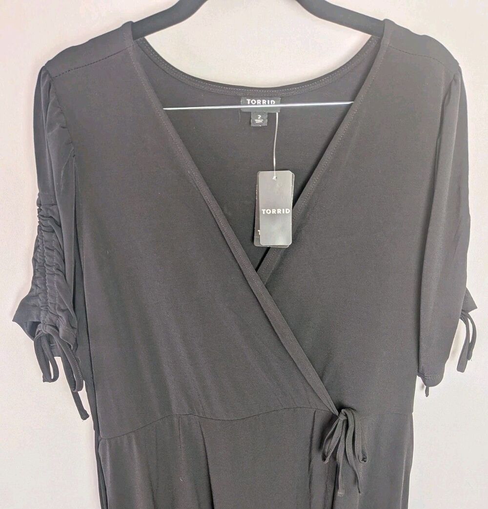 Torrid Women Plus Size 2 Black A-line Midi Wrap Dress Stretch Short Sleeve NWT